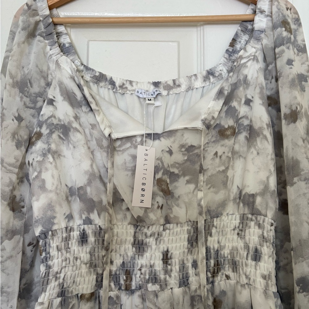 Baltic Born Long-Sleeve Watercolor Peasant Dress in Cream and Gray